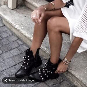 Zara Pearl Strap Black Leather Combat Ankle Boots Size 6